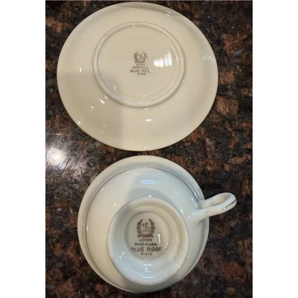 Lenox Blue Ridge Tea Cup Saucer Set 4 Ivory Blue Gold Trim Vintage